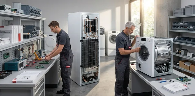 Contatti Assistenza Miele Roma, tecnici che riparano elettrodomestici in labaoratorio.