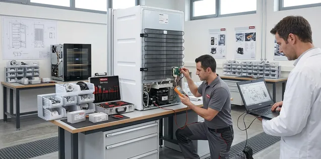 Riparazione Frigoriferi Miele Roma. Tecnico in laboratorio che ripara frigorifero Miele.
