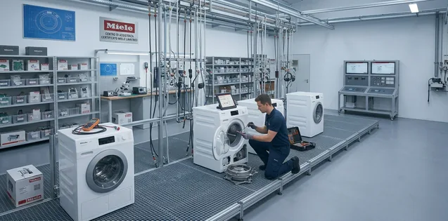Tecnico Lavatrici Miele Roma. Tecnico in laboratorio che ripara lavatrice Miele a Roma